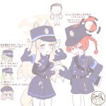  alternate_costume animal_ears aoba_(blue_archive) armband artist_name black_halo blonde_hair blue_archive blue_armband blue_skirt braid commentary doodle_sensei_(blue_archive) fox_ears gloves green_hair halo happy highres hikari_(blue_archive) imitating looking_at_viewer mole mole_under_each_eye mole_under_eye multiple_moles neru_(blue_archive) nervous nervous_sweating nozomi_(blue_archive) pointy_ears rabbit_pose seia_(blue_archive) seiaseiso sensei_(blue_archive) single_braid skirt surprised sweat tail train_conductor whistle white_background white_gloves yellow_eyes yellow_halo 