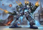  blue_sky building chain_gun clip_studio_paint_(medium) cloud cloudy_sky commentary_request day dual_wielding exhaust explosion fire firing full_body gun highres holding holding_gun holding_weapon legs_apart making-of_available mecha mecha_focus military_vehicle motor_vehicle muzzle_flash mytea_(soso) original outdoors robot science_fiction sky smoke solo standing tank thrusters weapon 