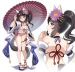  1girl adjusting_eyewear animal_ears bare_shoulders bikini black_choker blue_archive blush breasts brown_hair choker cleavage commentary_request cosplay detached_sleeves ear_covers eyewear_on_head flower full_body hair_between_eyes hair_flower hair_ornament halterneck holding holding_umbrella horse_ears horse_girl horse_tail large_breasts leaning_forward long_hair looking_at_viewer navel oil-paper_umbrella open_mouth phalaenopsis_(umamusume) purple_eyes sandals side-tie_bikini_bottom side_ponytail simple_background solo stomach string_bikini sunglasses swimsuit tail triangle_bikini_top umamusume umbrella wakamo_(blue_archive) wakamo_(blue_archive)_(cosplay) wakamo_(swimsuit)_(blue_archive) wanderlucia white_background white_bikini 