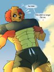 3:4 5_fingers abs anthro black_clothing black_sclera black_shirt black_short black_topwear bodily_fluids bulge canid canine canis chest_tuft clothing cloud critters_(poppy_playtime) dated dogday_(poppy_playtime) domestic_dog english_text fingers hi_res jockstrap lace male mammal mob_entertainment moobs morning muscular muscular_anthro muscular_male nipples poppy_playtime question_mark sad shirt smiling_critters snout solo speech_bubble sweat teardrop tears text topwear tuft underwear valken_holmes watermark
