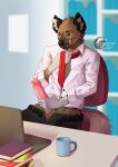 accessory aggretsuko anthro balls belt big_penis biped bodily_fluids book bottomwear brown_body brown_fur chair clothed clothing collared_shirt computer container cup dancrescentwolf desk dress_shirt electronics erection eyebrows fangs fur furniture genital_fluids genitals haida_(aggretsuko) hi_res humanoid_genitalia humanoid_penis hyena inner_ear_fluff laptop looking_down male mammal markings masturbation mug necktie office office_chair on_chair open_belt pants partially_clothed penile penile_masturbation penis precum sanrio shirt sitting sitting_on_chair smile solo spots spotted_body spotted_fur spotted_hyena table tail teeth tongue tongue_out topwear tuft unzipped unzipped_pants watermark white_inner_ear_fluff white_tail zipper