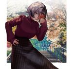  1girl alternate_costume alternate_hair_length_(shorter) artist_name autumn autumn_leaves black_hair black_hairband black_nails blurry blurry_background border breasts commentary covering_one_eye feet_out_of_frame grey_hair hairband hand_on_own_hip hazel_(hzlform) highres holding holding_leaf hololive hololive_english houndstooth jewelry large_breasts leaf leaning_to_the_side long_skirt multicolored_hair nail_polish necklace outside_border partially_bordered photo_background print_skirt purple_skirt purple_sweater shiori_novella short_hair skirt sleeves_past_wrists solo split-color_hair standing sweater sweater_tucked_in tongue tongue_out turtleneck turtleneck_sweater twitter_username virtual_youtuber white_border yellow_eyes 