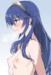  1girl armpit_crease blue_background blue_eyes blue_hair blush breasts commentary fire_emblem fire_emblem_awakening from_side gold_tiara gradient_background hair_between_eyes highres long_hair lucina_(fire_emblem) nipples nude parted_lips profile sidelocks sideways_mouth simple_background small_breasts smile solo sweatdrop tiara touniyuu upper_body very_long_hair 