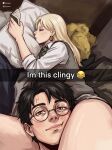  1boy 1girl absurdres ai-generated between_legs blonde_hair dewspiree earrings emoji english_text exhausted harry_potter harry_potter_(series) highres hogwarts_school_uniform jewelry legs looking_at_object looking_at_viewer lying malfoid meme on_bed pillow scar school_uniform sleepy wizarding_world 