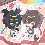  2boys :d alternate_costume androgynous animification apron black_dress black_hair black_skin black_track_suit blank_eyes block_(minecraft) block_(object) bow bright_pupils brown_hair character_name chibi chibi_only chinese_commentary colored_skin command_block commentary_request crossdressing crossdressing_(mtf) demon_horns dress enmaided fang food fruit girly_boy hachimaki headband highres holding_block horns jersey_maid lifesteal_smp looking_at_viewer maid male_focus male_maid mapicc minecraft minecraft_youtube multicolored_eyes multiple_boys rainbow_eyes rainbow_headband rainbow_ribbon red_bow red_eyes red_headband red_horns red_ribbon ribbon roller_skates short_hair short_twintails skates skin_fang smile spokeishere strawberry track_suit twintails unconventional_maid white_apron yanran86057 