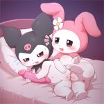 3_toes 4_fingers anthro anthro_on_anthro anus bar_emanata bed bed_sheet bedding biped black_clothing black_eyes black_headwear blush blush_lines bodily_fluids body_blush butt chibi clitoris clothing cotton_tail demon digital_media_(artwork) dildo double_dildo duo emanata feet female female/female female_anthro fingers floppy_ears flower flying_sweatdrops fool's_hat furniture genitals glistening glistening_butt glistening_clothing glistening_dildo glistening_genitalia glistening_sex_toy glistening_vulva half-closed_eyes hat head_on_pillow headboard headgear headwear hi_res holding_dildo holding_leg holding_object holding_sex_toy humanoid_genitalia humanoid_vulva innie_vulva jester_outfit kuromi lagomorph leg_glider_position leporid lying mammal monotone_body mostly_nude mostly_nude_anthro mostly_nude_female my_melody narrowed_eyes navel on_bed on_side one_leg_up onegai_my_melody open_:3 open_mouth pillow pink_clothing pink_dildo pink_headwear plant plump_labia rabbit raised_leg sanrio sex sex_toy shortstack shortstack_female simple_background skull_print skull_symbol spread_legs spreading sweat sweatdrop tail thick_thighs toes tribadism vaginal vulva vulva_blush white_body white_face zwishi