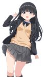  1girl amagami ayatsuji_tsukasa black_bow black_bowtie black_eyes black_hair black_jacket black_sailor_collar blazer blunt_bangs bow bowtie commentary_request feet_out_of_frame feilong_(rong0102) grey_skirt hand_up highres jacket kibito_high_school_uniform long_hair long_sleeves looking_at_viewer miniskirt open_mouth pleated_skirt sailor_collar school_uniform simple_background skirt smile standing straight_hair sweater_vest white_background winter_uniform yellow_sweater_vest 