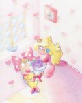 2024 absurd_res alternative_fashion anthro biped blonde_hair blue_eyes blue_piercing blush bouquet claws closed_smile clothed clothing colored_pencil_(artwork) crown dragon_koopa dress duo eye_contact featureless_crotch female female_human finger_claws flower footwear gem hair headgear hi_res high_heels hime_lolita holding_bouquet holding_flower holding_object human inside j-fashion japanese_description jewelry koopa koopaling lolita_(fashion) looking_at_another mammal mario mario_bros mostly_nude mouth_closed necklace nintendo pearl_(gem) pearl_necklace picture_on_wall piercing pink_bow pink_clothing pink_dress pink_footwear pink_high_heels plant polka_dot_bow princess_peach ribbon1984 scalie shell shoes size_difference smile standing traditional_media_(artwork) wendy_o._koopa yellow_body