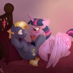 1:1 animal_genitalia animal_penis bed bite blonde_hair blue_eyes blush bodily_fluids cutie_mark duo equid equine equine_genitalia equine_penis fellatio female feral friendship_is_magic furniture genitals hair hasbro hi_res horn horse larger_female licking looking_at_another male mammal my_little_pony mythological_creature mythological_equine mythology oral penile penis pony ponykittenboi purple_body purple_eyes purple_hair sex size_difference star_tracker_(mlp) sweat tongue tongue_out twilight_sparkle_(mlp) winged_unicorn wings