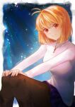  1girl antenna_hair arcueid_brunestud blonde_hair blue_skirt breasts hands_on_own_knees highres jewelry long_sleeves looking_at_viewer medium_breasts miniskirt necklace neema_(oneemasan) pantyhose red_eyes short_hair single_hair_intake skirt smile solo sweater tsukihime tsukihime_(remake) turtleneck turtleneck_sweater type-moon white_sweater 