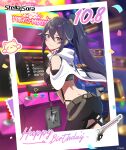  1girl absurdres arcade asymmetrical_clothes bare_shoulders black_gloves black_hair black_pants black_shirt blurry breasts cape closed_mouth clothing_cutout commentary crop_top depth_of_field elbow_gloves english_commentary from_behind gloves hair_between_eyes highres kasimira_(stella_sora) large_breasts leaning_forward long_hair looking_at_viewer looking_back median_furrow midriff multicolored_hair official_art pants photo_foreground ponytail red_eyes second-party_source shirt shoulder_cutout single_pantsleg sleeveless sleeveless_shirt smile solo stella_sora streaked_hair v-shaped_eyebrows white_cape 