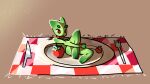 16:9 3_toes alien anthro arms_in_front arms_tied bdsm bondage bound breasts character_prepared_as_food collar cutlery domestic_cat dragonsea featureless_breasts featureless_hands feet felid feline felis female food fork fruit green_body green_skin hi_res kitchen_utensils knife lying mammal nude oblivious on_back plant plate red_collar red_eyes rope simple_background solo toes tomato tools widescreen