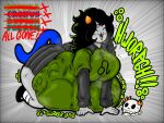 2024 after_vore alien alien_humanoid belly big_belly big_breasts big_butt black_hair bone breasts butt clothing digestion fatal_vore female female_pred green_clothing green_shirt green_topwear group hair hi_res homestuck horn huge_belly humanoid male male_prey meulin_leijon ms_paint_adventures not_furry shirt skull text topwear troll_(homestuck) tuppenjskewer vore