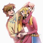  1boy 1girl bellachiiii belt blonde_hair blue_eyes blunt_bangs blunt_ends blush brown_hair commentary couple dancing dress english_commentary gold_belt green_ribbon hair_ribbon hetero highres holding_hands link open_mouth parted_lips pink_dress pointy_ears princess_zelda ribbon shirt short_hair sidelocks smile teeth the_legend_of_zelda the_legend_of_zelda:_skyward_sword twitter_username white_background yellow_shirt 
