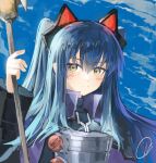  1girl absurdres animal_ear_hairband animal_ears ao_no_kiseki blue_hair blue_sky cat_ear_hairband cat_ears chest_guard closed_mouth commentary double-parted_bangs eiyuu_densetsu fake_animal_ears floating_hair glint hair_between_eyes hairband high_collar highres holding holding_staff keyv1q long_hair long_sidelocks long_sleeves looking_at_viewer mage_staff photoshop_(medium) sidelocks signature sky smile solo staff tio_plato twintails upper_body yellow_eyes zero_no_kiseki 
