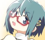  :d bespectacled blue_eyes blue_hair close-up face glasses hair_ornament hairclip hangaku looking_at_viewer mahou_shoujo_madoka_magica miki_sayaka open_mouth puffy_sleeves red-framed_eyewear school_uniform shaft_look short_hair smile solo 