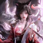  1girl animal animal_ears ay_yiyi black_hair blush breasts chinese_clothes cleavage commission facial_mark fox fox_ears hair_ornament holding holding_staff long_hair makeup original red_eyes red_lips solo staff 
