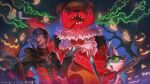  animal_costume bear_costume cait_sith_(ff14) cat cloak crown final_fantasy final_fantasy_xiv ghost goggles highres holding holding_smoking_pipe jack-o'-lantern leofard_myste mini_crown official_art outstretched_arms promotional_art smile smoking_pipe tree 