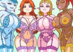  4girls blonde_hair blue_eyes breasts carrying colored_skin dark-skinned_female dark_skin froot_(mossy_froot) huge_breasts large_breasts lingerie malon multiple_boys multiple_girls nabooru orange_hair pink_eyes pointy_ears princess_ruto princess_zelda smile the_legend_of_zelda the_legend_of_zelda:_ocarina_of_time underwear yellow_eyes 