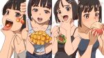  2026 4girls aonori_misuji black_hair blush cherry clothing_request collarbone commentary_request covered_mouth eating feeding_viewer food food_request fork fruit grey_eyes grey_tank_top hair_ornament highres holding holding_food holding_fork looking_at_food looking_at_viewer looking_down mango melon melon_slice multiple_girls open_mouth original peach short_hair simple_background tank_top tongue tongue_out upper_body white_background white_tank_top 