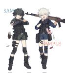 2boys aged_down belt belt_pouch black_gloves black_hair blue_eyes blue_shirt blue_shorts boots bulletproof_vest candy fingerless_gloves food full_body gloves gougougougou gun highres holding holding_gun holding_weapon knee_pads lace-up_boots lollipop long_sleeves looking_at_viewer male_focus multiple_boys open_mouth original pouch red_eyes rifle sample_watermark shirt short_hair shorts simple_background standing vest watermark weapon white_background white_hair 