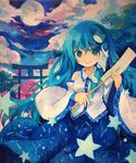  :&gt; acrylic_paint_(medium) bad_id bad_pixiv_id blue_eyes blue_hair cloud detached_sleeves frog full_moon gohei hair_ornament isegawa_yasutaka kochiya_sanae long_hair long_sleeves moon night shirt skirt sky smile snake solo star torii touhou traditional_media tree 