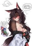 >_< ^_^ absurd_res anthro anthro_focus anthrofied aquatic asian_clothing black_clothing black_shirt black_topwear blue_hair blush bottomwear breasts brown_body brown_fur brown_hair canid canine canis chest_tuft cleavage clothed clothing dress ear_fins east_asian_clothing embarrassed english_text eyes_closed female female_anthro female_human fin flesh_fang fur green_clothing green_kimono group hair hand_on_own_breast hi_res human inner_ear_fluff japanese_clothing kagerou_imaizumi kemono kimono mammal merfolk pupils red_bottomwear red_clothing red_eyes red_hair red_skirt sekibanki shirt simple_background skirt sleepymoon smile solo_focus split_form strapless_clothing strapless_dress text topwear touhou trio tuft wakasagihime white_background white_clothing white_dress white_pupils wolf