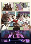 absurd_res alcohol anthro barbell_piercing beer beverage black_nose canid canine canis cigarette circular_barbell_piercing comic cuddling domestic_dog ear_piercing english_text eyebrows facial_piercing group hairy herding_dog hi_res hyena kenjus male male/male mammal noodle_(davezdumpster) nose_piercing pastoral_dog piercing procyonid raccoon rory_(roantiger) septum_circular_barbell septum_piercing spotted_hyena text toichibear trio welsh_corgi