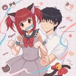  1boy 1girl absurdres animal_ears aoyama_masaya bell black_hair black_sailor_collar bow cat_ears cat_girl cat_tail choker fish food_in_mouth highres jingle_bell lifting_person momomiya_ichigo nao_(sprinkanao) puffy_sleeves red_choker red_hair sailor_collar school_uniform shirt short_hair short_sleeves tail tail_bell tail_bow tail_ornament tokyo_mew_mew tokyo_mew_mew_new twintails white_shirt 