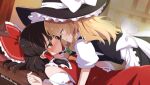 2girls apron ascot back_bow black_hat black_skirt black_vest blonde_hair blush bow braid brown_eyes brown_hair commentary_request detached_sleeves eye_contact frilled_bow frilled_hair_tubes frills girl_on_top green_bow hair_bow hair_tubes hakurei_reimu hat hat_bow highres imminent_kiss kirisame_marisa long_hair looking_at_another lying multiple_girls on_back puffy_short_sleeves puffy_sleeves red_bow red_skirt ribbon-trimmed_sleeves ribbon_trim saika_blossom short_sleeves side_braid single_braid skirt skirt_set touhou twitter_username vest waist_apron white_apron white_bow witch_hat yellow_ascot yellow_eyes yuri 