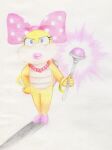2021 anthro biped blue_eyes claws closed_smile clothing colored_pencil_(artwork) dragon_koopa featureless_crotch female finger_claws footwear front_view gem glowing hi_res high_heels holding_object holding_wand japanese_description jewelry koopa koopaling lips magic_wand mario_bros mostly_nude mouth_closed necklace nintendo pearl_(gem) pearl_necklace pink_bow pink_clothing pink_footwear pink_high_heels pink_lips pink_shell polka_dot_bow ribbon1984 scalie shell shoes simple_background smile solo spiked_shell spikes spikes_(anatomy) standing thick_lips traditional_media_(artwork) wand wendy_o._koopa white_background yellow_body