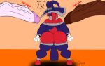 16:10 anthro big_butt big_penis blue_eyes butt clothing eyewear female genitals glasses group hat headgear headwear hi-rez_studios huge_penis lagomorph leporid male mammal moji_(paladins) paladins_(game) penis rabbit red_body riku9797 shortstack trio vein veiny_penis widescreen