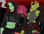 2026 abs absurd_res anthro apple bear belt black_background black_belt black_bottomwear black_clothing black_skirt blowing_bubble_gum bodily_fluids bottomwear bubble_gum candy candy_apple cigarette cigarette_in_mouth clothing collar dandruff dessert drugs ev_htf female flaky_(htf) flippy_(htf) food fruit fur gradient_background green_body green_fur grey_clothing group gum hair happy_tree_friends hi_res hoodie jacket lollipop male mammal mondo_media name_tag navel nutty_(htf) object_in_mouth outline pink_nose plant porcupine red_background red_belt red_body red_fur red_hair rodent scar sciurid simple_background skirt sleveless_shirt smoke stitched_image sweat topwear tree_squirrel trio white_outline zipper