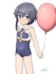  1girl absurdres aged_down asymmetrical_hair balloon black_hair black_one-piece_swimsuit brown_eyes commentary_request dated grey_neckerchief hair_between_eyes highres holding holding_balloon i-14_(kancolle) kantai_collection looking_at_viewer maru_(marg0613) multiple_girls neckerchief one-hour_drawing_challenge one-piece_swimsuit sailor_collar school_swimsuit short_hair signature smile solo swimsuit twitter_username white_background white_sailor_collar 