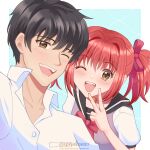  1boy 1girl aoyama_masaya black_hair black_sailor_collar commentary_request fang highres momomiya_ichigo nao_(sprinkanao) neckerchief one_eye_closed open_mouth partially_unbuttoned red_hair red_neckerchief sailor_collar school_uniform selfie shirt tokyo_mew_mew tokyo_mew_mew_new twintails v white_shirt yellow_eyes 