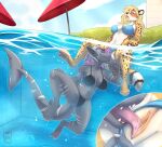 4_toes 5_fingers absurd_res anthro anthro_on_anthro aquatic bikini bikini_aside bikini_bottom_aside bikini_pull black_bikini black_clothing black_swimwear blonde_hair blue_bikini blue_clothing blue_eyes blue_swimwear blush bodily_fluids breasts camel_toe cheetah chest_tuft claws clitoral_hood clitoris close-up clothing clothing_aside clothing_pull cunnilingus duo feet felid feline female female/female female_anthro finger_claws fingers fish fur genitals grey_body hair hi_res inner_ear_fluff interspecies looking_pleasured mammal markings medium_breasts multicolored_body multicolored_fur multicolored_hair navel non-mammal_breasts open_mouth oral orange_vulva outside outside_sex partially_submerged pawpads purple_eyes sena_ryan sex shark spots spotted_markings spread_legs spreading stealth_sex story story_in_description stripes sunliine swimming swimming_pool swimwear swimwear_aside swimwear_pull toe_claws toes tongue tongue_out tuft twitching two-piece_swimsuit umbrella underwater underwater_sex vaginal vulva water
