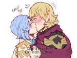 2boys alt_text blonde_hair blue_hair blush closed_eyes commentary commission english_commentary fire_emblem fire_emblem_fates from_side gzei heart highres kiss looking_at_another male_focus multiple_boys portrait shigure_(fire_emblem) short_hair siegbert_(fire_emblem) simple_background sound_effects vgen_commission white_background yaoi 