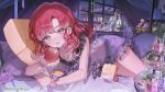  1girl bookshelf bow breasts colored_eyebrows colored_tips commentary company_name copyright_notice cosmetics cup cushion desk_lamp ear_piercing earrings flower food fruit high_heels holding holding_food holding_fruit indoors jewelry lamp long_hair looking_at_viewer lying multicolored_hair nail_polish necklace night nightgown nijisanji official_alternate_costume official_art on_bed on_side open_mouth parted_bangs piercing pink_bow pink_nails plant potted_plant purple_bow purple_eyes purple_nightgown purple_shorts red_hair romeo_to_cinderella_(vocaloid) saotome_berry see-through_clothes see-through_nightgown shiohana short_shorts shorts solo two-tone_bow virtual_youtuber white_hair window wrist_bow 