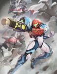  1boy 1girl absurdres arm_cannon armor assault_visor beak blue_armor chozo claws clenched_hand commentary_request dread_suit e.m.m.i._(metroid) glowing glowing_eye gonzarez green_assault_visor green_visor grey_armor helmet highres metroid metroid_dread normal_suit_(metroid) power_suit_(metroid) raven_beak_(metroid) red_eyes red_helmet robot samus_aran science_fiction shoulder_armor signature weapon white_armor 