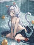  1girl animal_ear_fluff animal_ears apple arknights arms_between_legs ass bikini bikini_top_only black_coat bracelet breasts cat_ears cat_girl cat_tail ceco_haizaio chinese_commentary cleavage coat commentary_request food frilled_bikini frills fruit green_eyes grey_hair hair_intakes highres infection_monitor_(arknights) jewelry long_hair medium_breasts no_panties pool ribbon rosmontis_(arknights) rubber_duck scar scar_on_arm sitting solo swimsuit tail unworn_coat wariza water white_bikini yellow_ribbon 