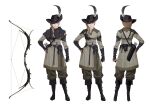  1girl arm_at_side arm_guards arrow_(projectile) baggy_pants belt black_belt black_boots black_capelet black_feathers black_hat blue_eyes boots bow_(weapon) braid capelet clenched_hand closed_mouth concept_art dagger dark_avenger_3 dongho_kang feathers full_body gloves grey_pants grey_tunic hair_tie hand_on_own_hip hat hat_feather high_heel_boots high_heels highres knee_boots knife knife_sheath lips long_sleeves looking_at_viewer multiple_views nose one_eye_covered pants partially_fingerless_gloves quiver reference_sheet sheath sheathed simple_background single_braid standing third-party_source tunic turnaround weapon white_background 