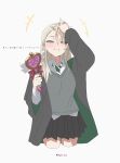  1girl absurdres black_robe black_skirt black_sweater_vest blonde_hair blush closed_mouth collared_shirt diagonal-striped_clothes diagonal-striped_necktie edgar_syu genderswap genderswap_(mtf) green_eyes green_necktie harry_potter_(series) heart_wand highres hogwarts_school_uniform holding holding_wand long_hair malfoid necktie robe school_uniform shirt skirt solo striped_clothes striped_necktie sweater_vest wand white_shirt wizarding_world 