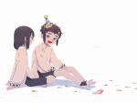  2boys absurdres alma_karma an-ko_(ankoankoazuki) black_hair black_shoes black_shorts blue_eyes blue_hat blush chinese_clothes collared_shirt colored_eyebrows commentary confetti d.gray-man eyelashes facial_mark fang hair_between_eyes hand_on_own_thigh hat head_tilt high_collar highres indian_style kanda_yuu long_sleeves looking_at_another male_focus mandarin_collar medium_hair multicolored_shoes multiple_boys on_ground parted_bangs parted_lips party_hat petals pink_petals profile scar scar_on_face scar_on_nose shirt shoes short_hair shorts side_slit sidelocks sitting smile spiked_hair striped_clothes striped_hat striped_shirt two-tone_shoes untranslatable_commentary vertical-striped_clothes vertical-striped_shirt white_background white_shirt white_shoes wide_sleeves 