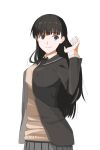  1girl amagami atsuji1008 ayatsuji_tsukasa black_bow black_bowtie black_eyes black_hair black_jacket black_sailor_collar bow bowtie commentary_request grey_skirt hand_up highres jacket kibito_high_school_uniform long_hair looking_to_the_side sailor_collar school_uniform skirt smile solo sweater_vest tented_shirt 