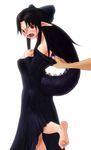  angry bad_id bad_pixiv_id barefoot black_hair blush bow dress fang from_behind fusion godzilla godzilla_(series) gojiren grabbing hair_bow long_hair m.u.g.e.n melty_blood open_mouth pointy_ears red_eyes tail tsukihime white_len 