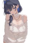  1girl absurdres ahoge aran_sweater bare_shoulders black_hair blue_eyes bra breasts cable_knit chain chain_necklace cleavage closed_mouth collar colored_inner_hair commentary cowboy_shot detached_collar english_commentary gem hair_ears hair_intakes hair_ornament hair_over_shoulder hair_scrunchie head_tilt highres hololive hololive_english jewelry large_breasts long_sleeves low_ponytail multicolored_hair necklace no_pants off-shoulder_sweater off_shoulder ouro_kronii pearl pink_lips ponytail rcade scrunchie simple_background solo standing sweater underwear v_arms virtual_youtuber white_background white_bra white_collar white_scrunchie white_sweater 