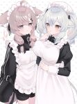  2girls ? ahoge animal_ears apron asymmetrical_docking bike_shorts black_dress black_jacket blush breast_press breast_size_difference breasts brown_eyes brown_hair commentary_request cow_ears cow_girl cow_horns cow_tail cowboy_shot dress fox_ears fox_girl fox_tail frilled_apron frills grey_eyes grey_hair hair_intakes hat highres horns jacket jersey_maid large_breasts mafuyu_(vrchat) maid maid_headdress medium_hair milltina_(vrchat) mob_cap multiple_girls sidelocks small_breasts smile tail twintails twitter_username unconventional_maid vrchat wgaquq white_apron 