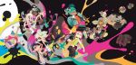  1boy 6+girls absurdres artist_request black_background black_hair black_shoes blonde_hair boots callie_(splatoon) callie_(squid_sisters_outfit)_(splatoon) character_request closed_eyes closed_mouth commentary crown dark-skinned_female dark-skinned_male dark_skin english_commentary fangs full_body gloves green_eyes green_hair grin hat highres holding holding_weapon inkling inkling_boy inkling_girl inkling_player_character judd_(splatoon) li'l_judd_(splatoon) long_hair marie_(splatoon) marie_(squid_sisters_outfit)_(splatoon) marina_(off_the_hook_outfit)_(splatoon) marina_(splatoon) multicolored_hair multiple_girls octoling official_art open_mouth orange_eyes pearl_(off_the_hook_outfit)_(splatoon) pearl_(splatoon) pink_eyes pink_hair pointy_ears red_eyes shoes short_hair smile sneakers splatoon_(series) splatoon_2 tank_top teeth tentacle_hair third-party_source two-tone_hair weapon weapon_request white_boots white_gloves white_hair white_tank_top 