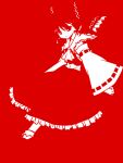  1girl 2000s_(style) ascot blending bow closed_mouth commentary_request detached_sleeves elehime expressionless frilled_shirt_collar frilled_skirt frills full_body hair_bow hakurei_reimu looking_at_viewer midriff monochrome navel red_theme ribbon-trimmed_sleeves ribbon_trim shirt short_hair skirt sleeveless sleeveless_shirt socks solo touhou 