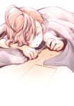  1girl ahoge asymmetrical_bangs bare_shoulders blanket brown_hair child closed_eyes commentary_request hair_between_eyes hinato last_order_(toaru_majutsu_no_index) light_blush lying on_stomach parted_lips short_hair sleeping solo toaru_majutsu_no_index under_covers upper_body 